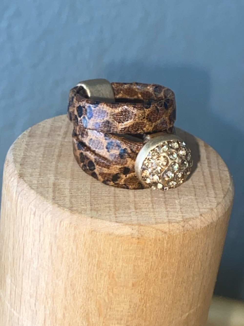 Rare Vintage faux snake skin leather Disco Ball Ring with Swarovski Crystals